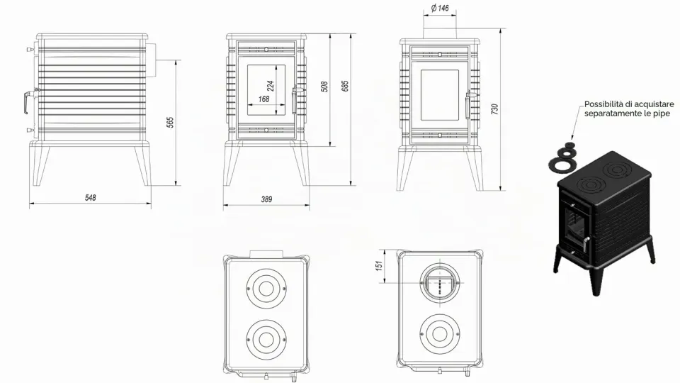 Kratki Koza K10 stufa a legna 10 kW ghisa nera