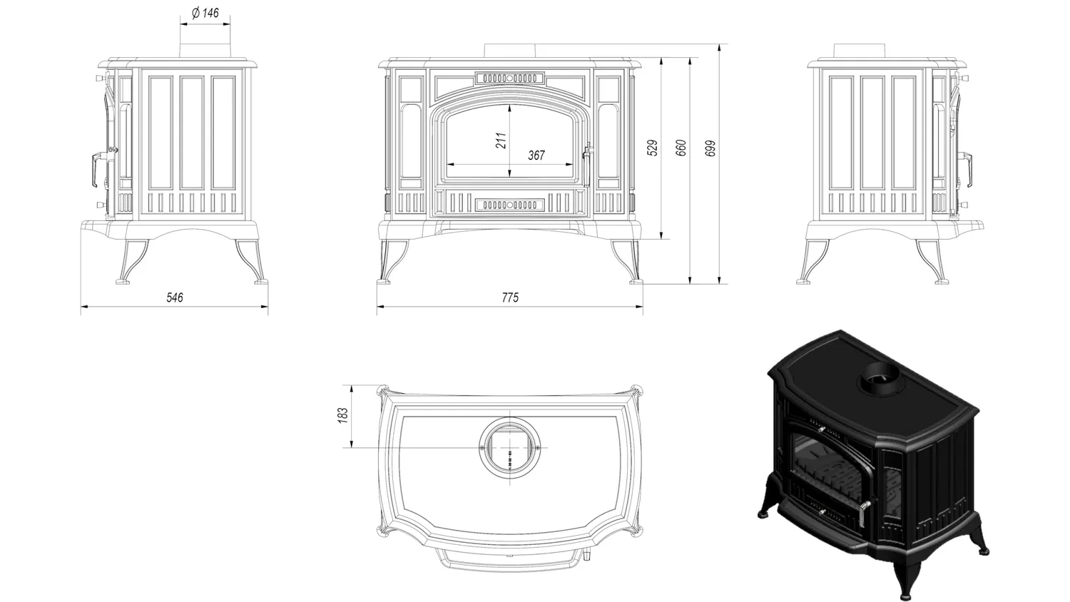 Kratki Koza K9 stufa a legna 10 kW ghisa Ø150 mm